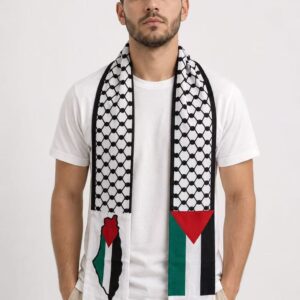 palestine solidarity knit scarf – black, white & red fringe
